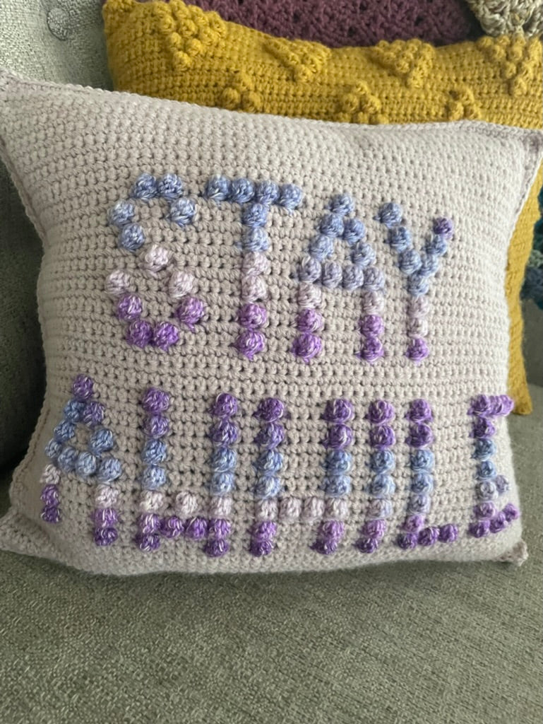 Please Leave By 9/ Stay Awhile Reversible Crochet Pillow