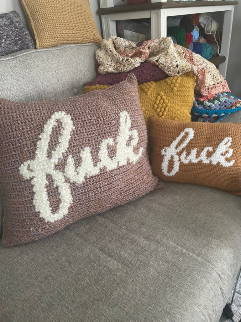 Cursive Fuck Crochet Pillow- Large Version
