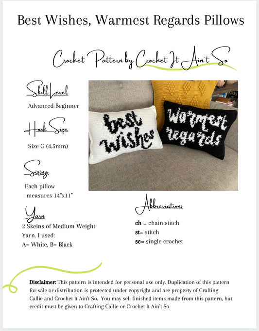 CROCHET PATTERN- Best Wishes, Warmest Regards Pillows, Schists Creek Inspired Pillows, David Rose Pillows