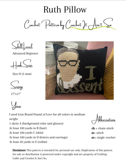 CROCHET PATTERN- Ruth Pillow, RBG Pillow, Ruth Bader Ginsberg Crochet Pillow